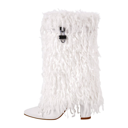 Fur Pointed Toe Chunky Heel Mid-Calf Boots