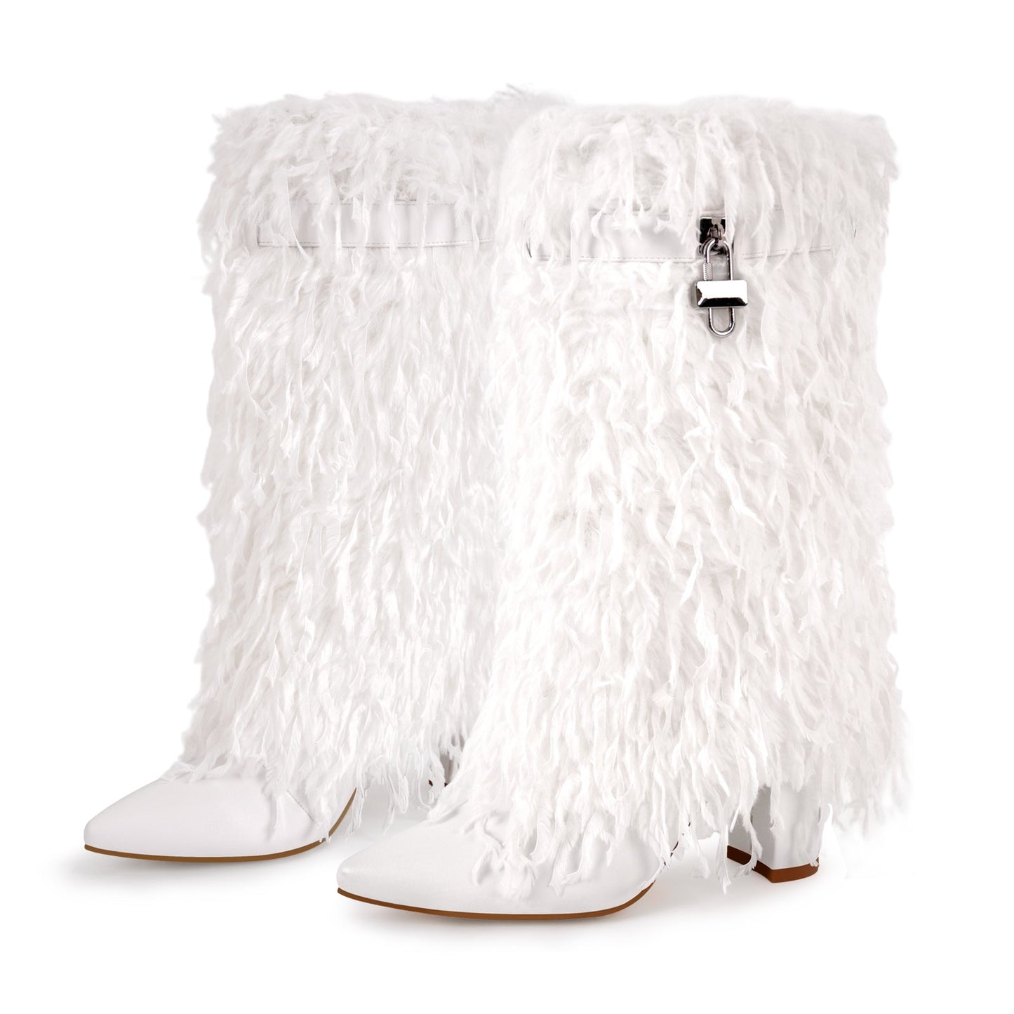 Fur Pointed Toe Chunky Heel Mid-Calf Boots