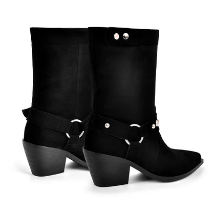 Rivet Pointed Toe Suede Western Ankle Boots