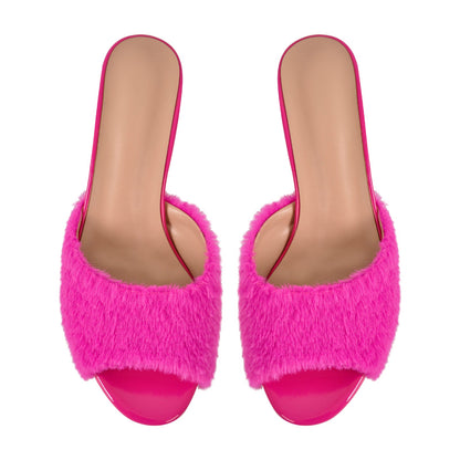 Round Toe Chunky Heel Fur Sandals Mules