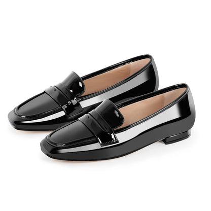 Black Patent Leather Square Toe Loafer Flats