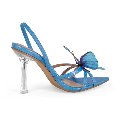 Butterfly Pointed Toe Clear Heel Slingback Sandals