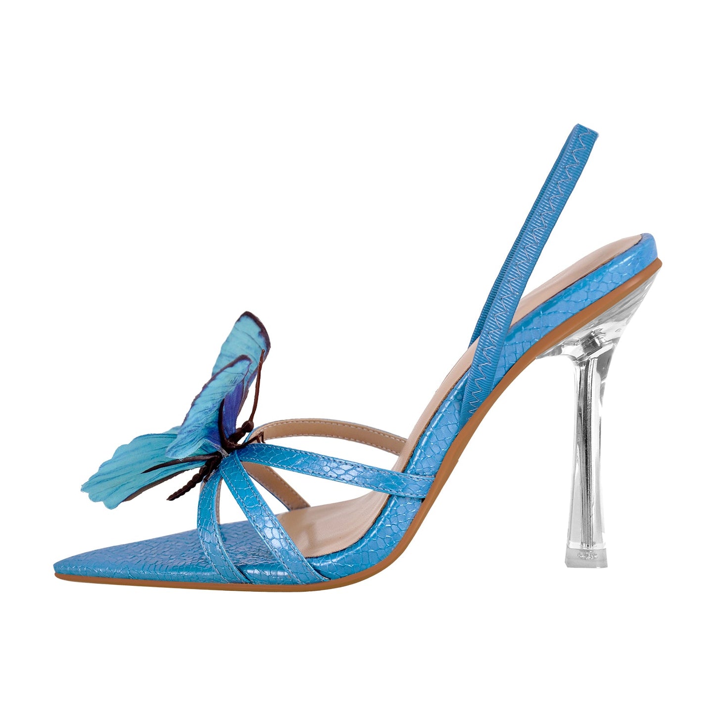 Butterfly Pointed Toe Clear Heel Slingback Sandals