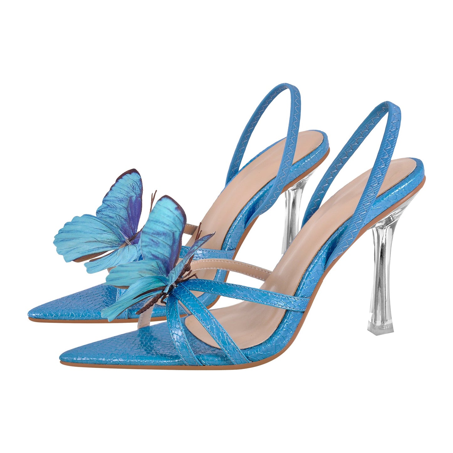 Butterfly Pointed Toe Clear Heel Slingback Sandals