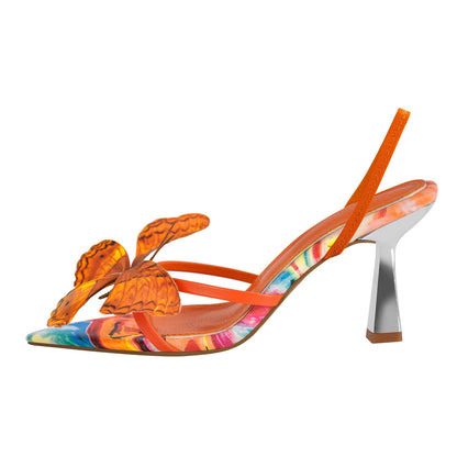 Butterfly Pointed Toe Slingback Kitten Heel Sandals