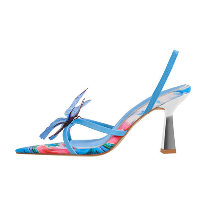 Butterfly Pointed Toe Slingback Kitten Heel Sandals