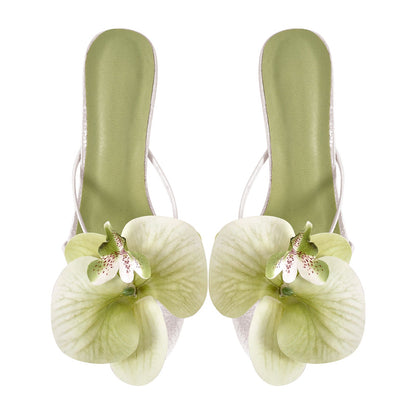 Flower Round Toe Clear Heel Thong Sandals Mules