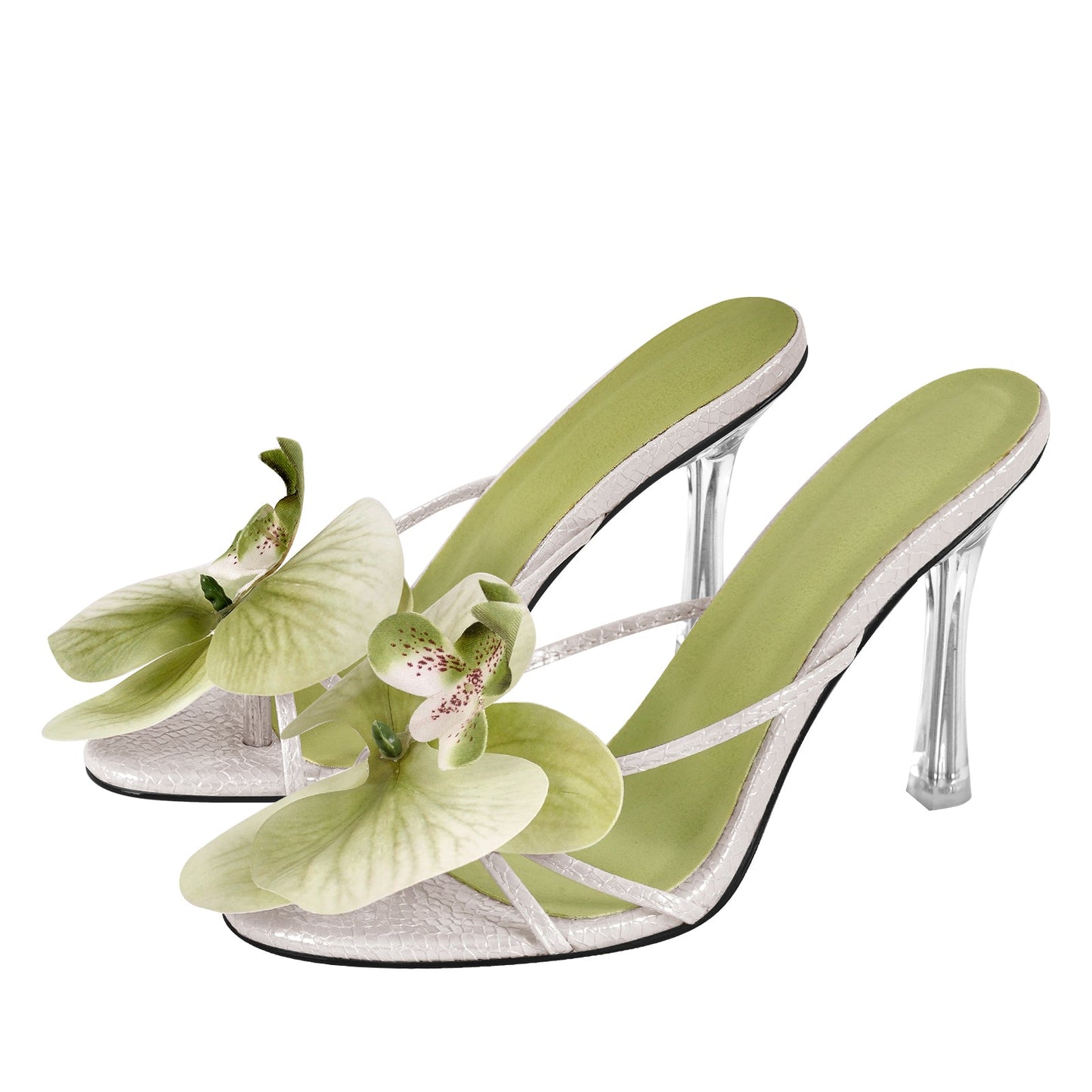 Flower Round Toe Clear Heel Thong Sandals Mules