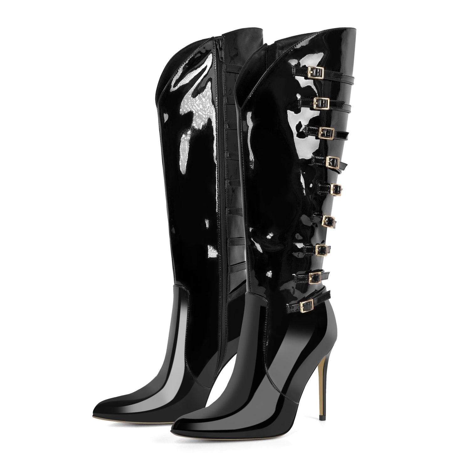 Pointed Toe Multi Buckle Stiletto Knee High Boots