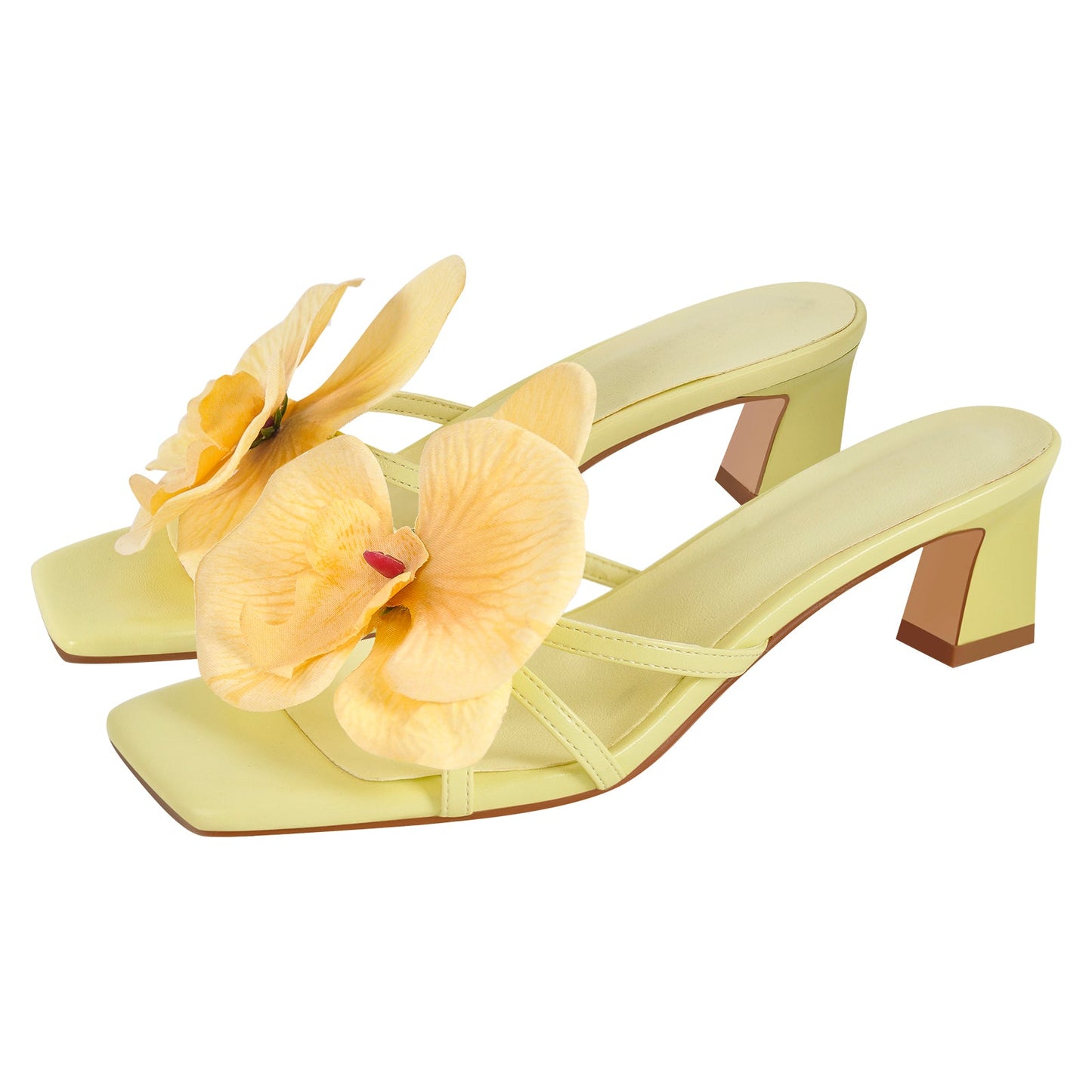 Flower Square Toe Chunky Heel Sandals Mules