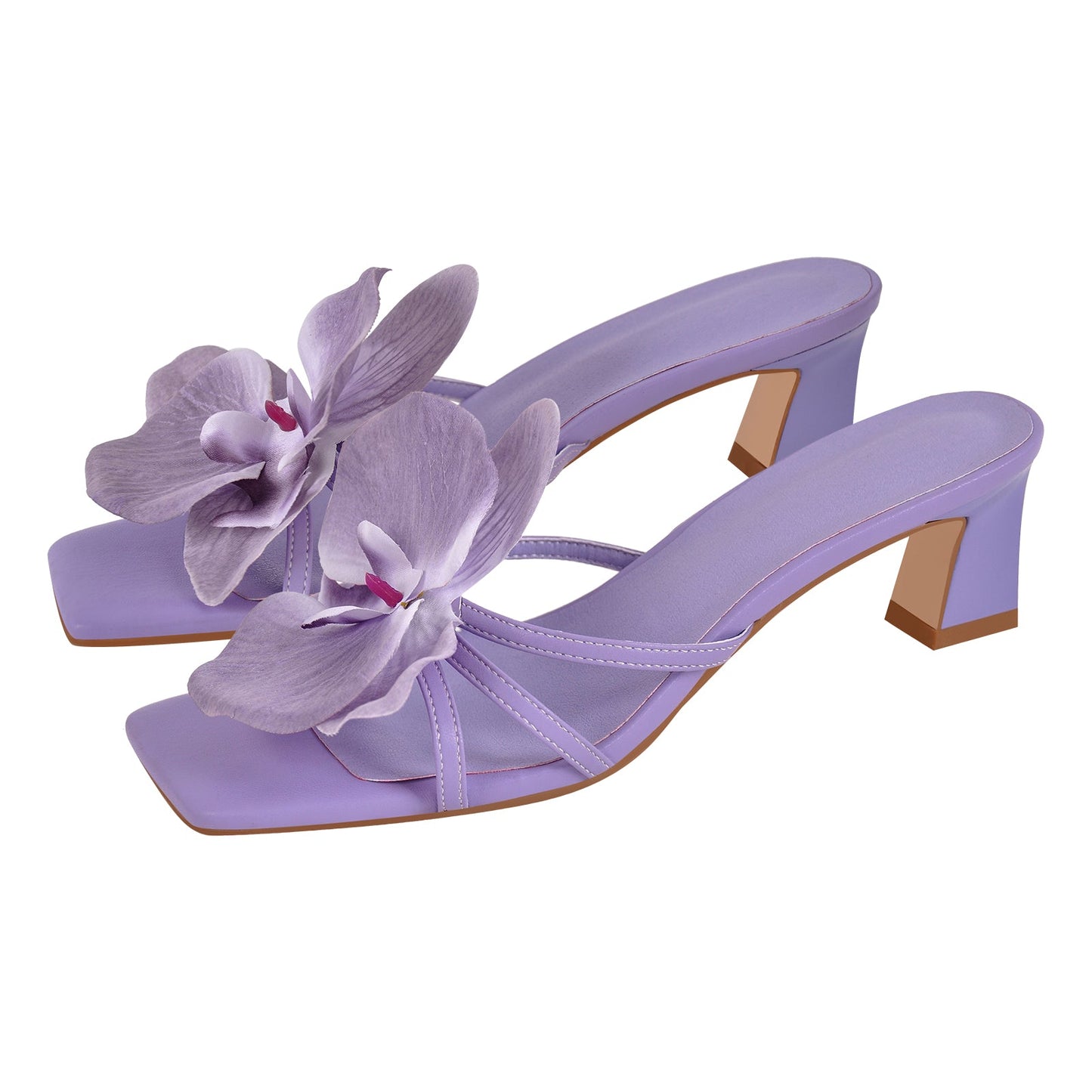 Flower Square Toe Chunky Heel Sandals Mules