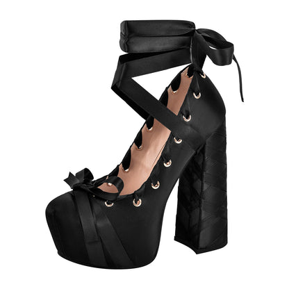 Bow Lolita Platform Lace-up Chunky Heel Pumps