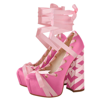 Bow Lolita Platform Lace-up Chunky Heel Pumps