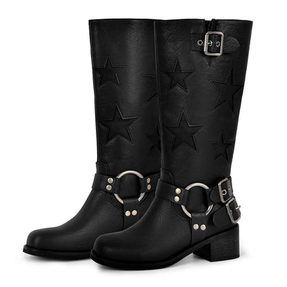 Star Square Toe Buckle Knee High Boots