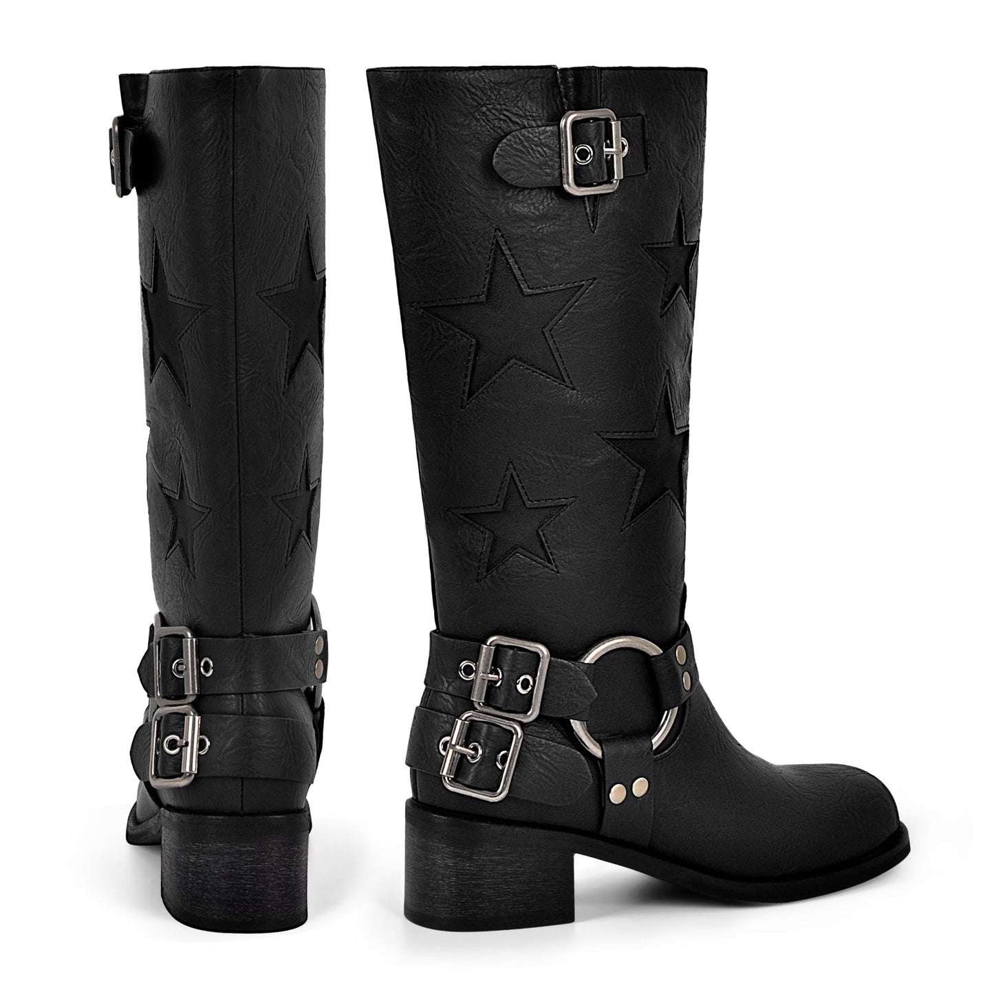 Star Square Toe Buckle Knee High Boots