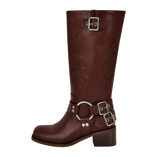 Star Square Toe Buckle Knee High Boots