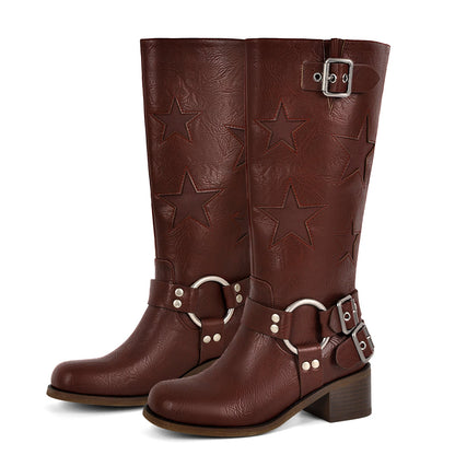 Star Square Toe Buckle Knee High Boots