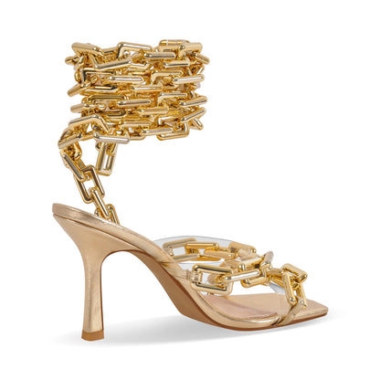 Gold Square Toe Metal Chain Lace-up Stiletto Sandals