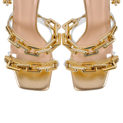 Gold Square Toe Metal Chain Lace-up Stiletto Sandals