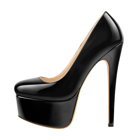 Patent Leather Rounde Toe Platform Black Stiletto High Heels Pumps