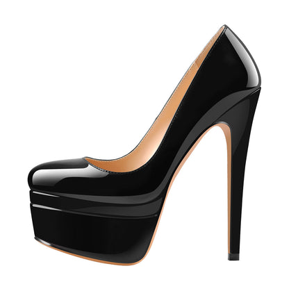 Patent Leather Round Toe Double Platform High Heel Pumps