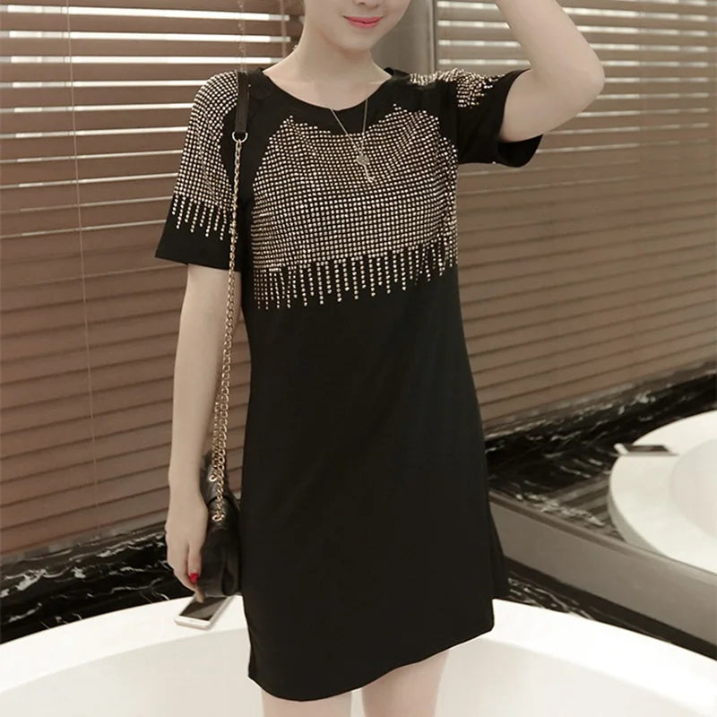 Short Sleeves Diamonds Mini Dress