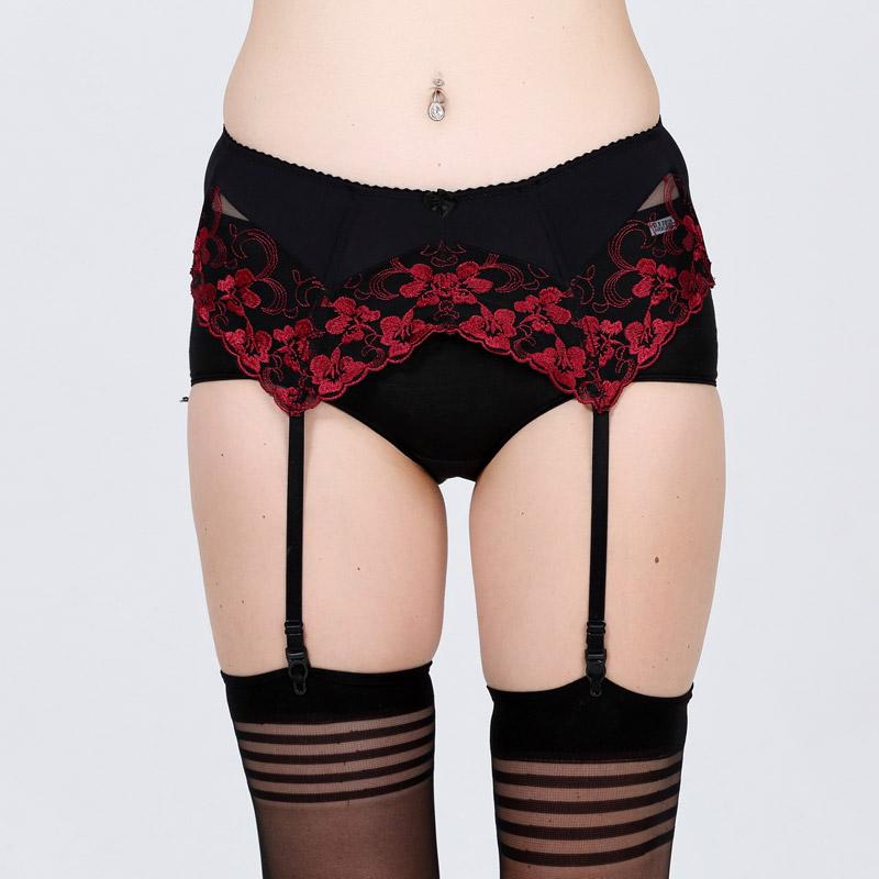 Embroidered Red Floral Garter Belt