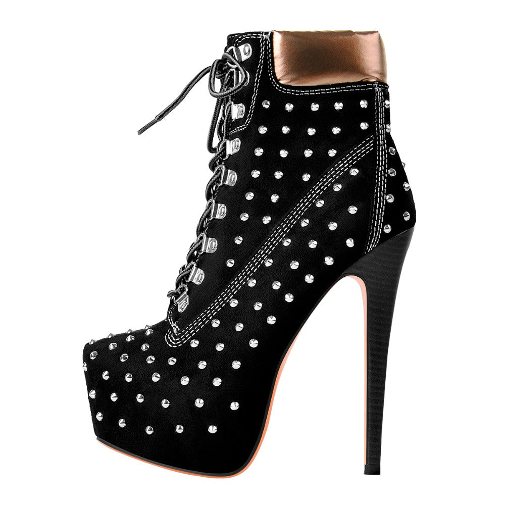 Black Suede Round Toe Rivet Lace-up Ankle Boots