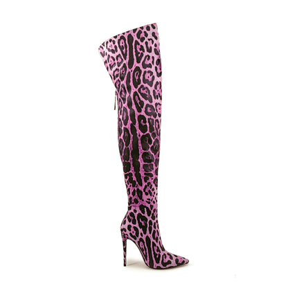 Leopard Pointed Toe Over The Knee Stiletto Boots