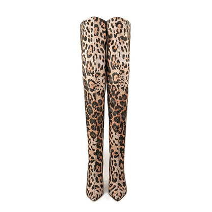 Leopard Pointed Toe Over The Knee Stiletto Boots