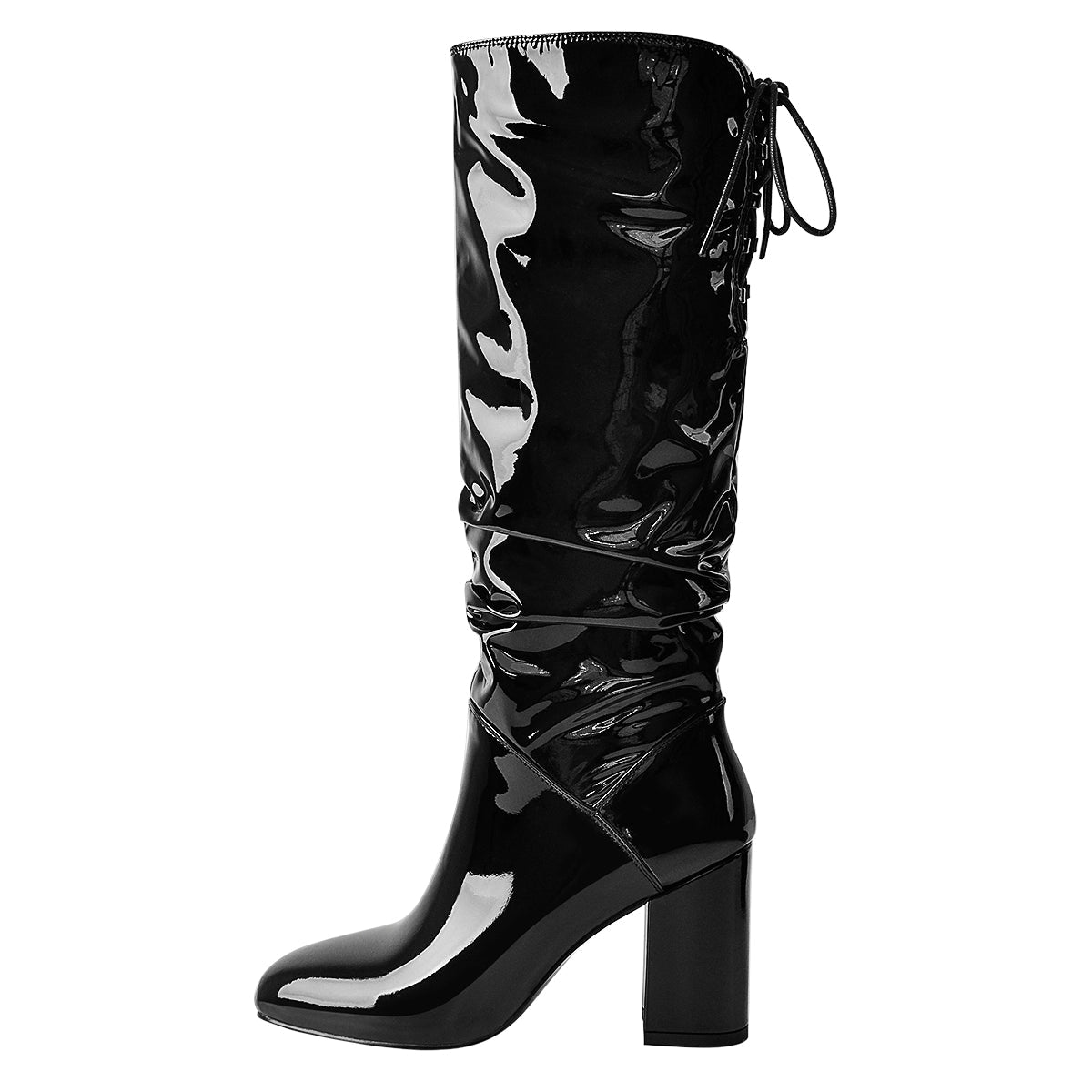 Black Patent Leather Chunky Heels Boots