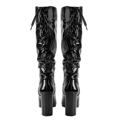 Black Patent Leather Chunky Heels Boots