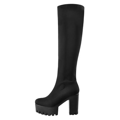 Black Platform Knee Chunky Heels Boots