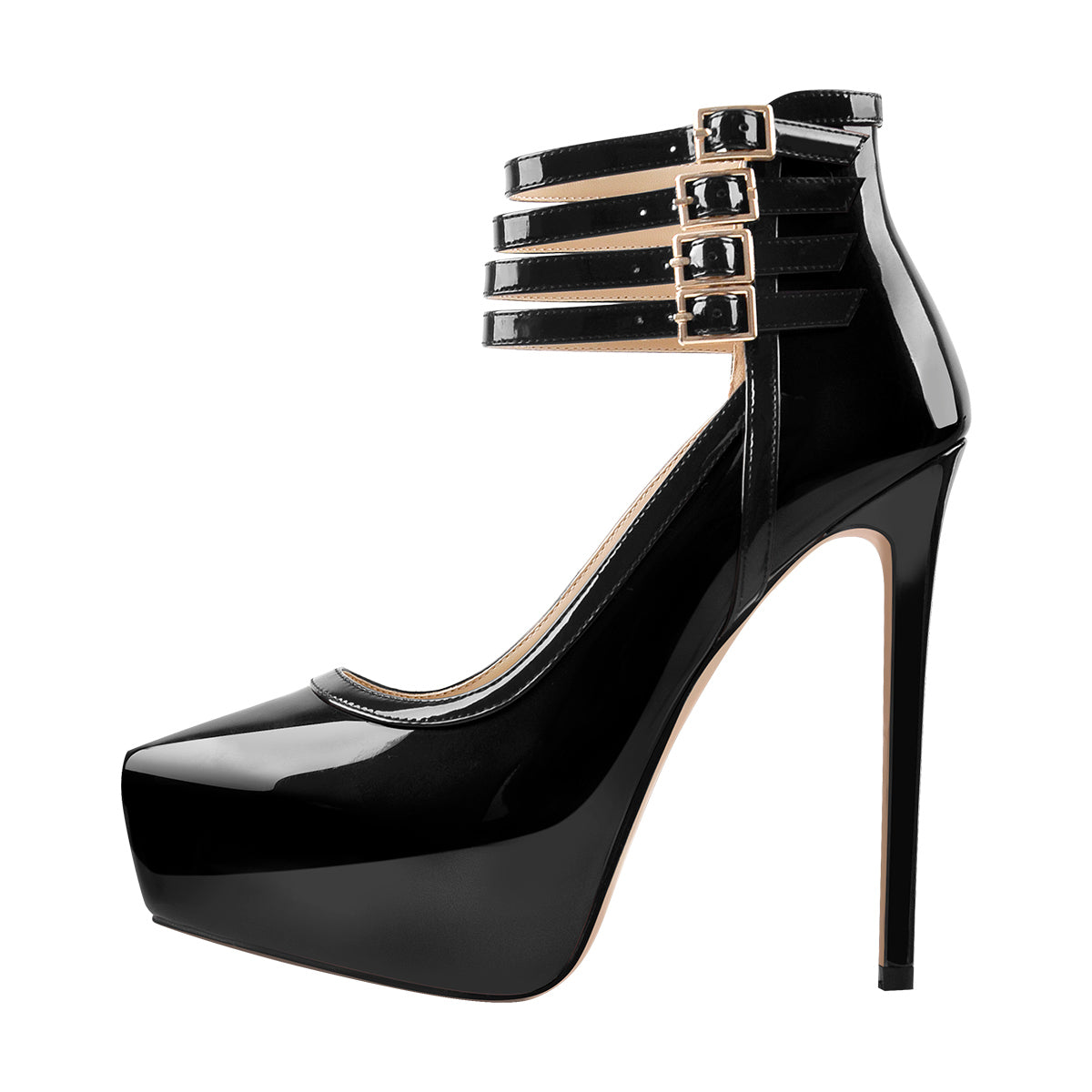 Quadruple Buckle Ankle Strap Patent High Heel Pumps