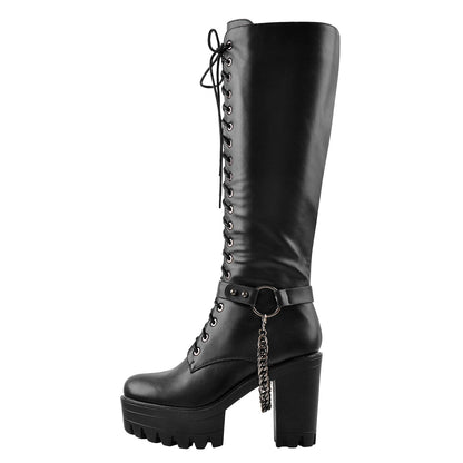 Black Platform Knee High Chunky Heel Boots