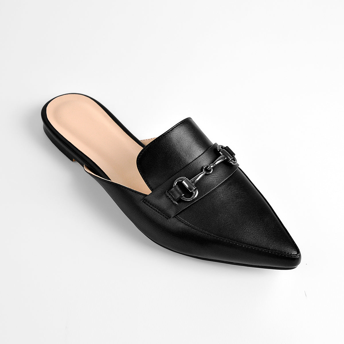 Pointed Toe Black Buckle Flats