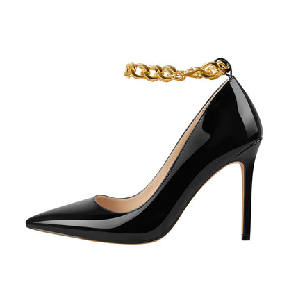 Patent Leather Ankle Chains Pointed Toe Pumps