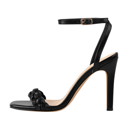 Black Woven Square Toe Stilettos High Heel Sandals