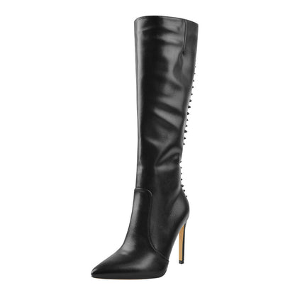 Rivet Pointed Toe Stiletto Knee High Boots