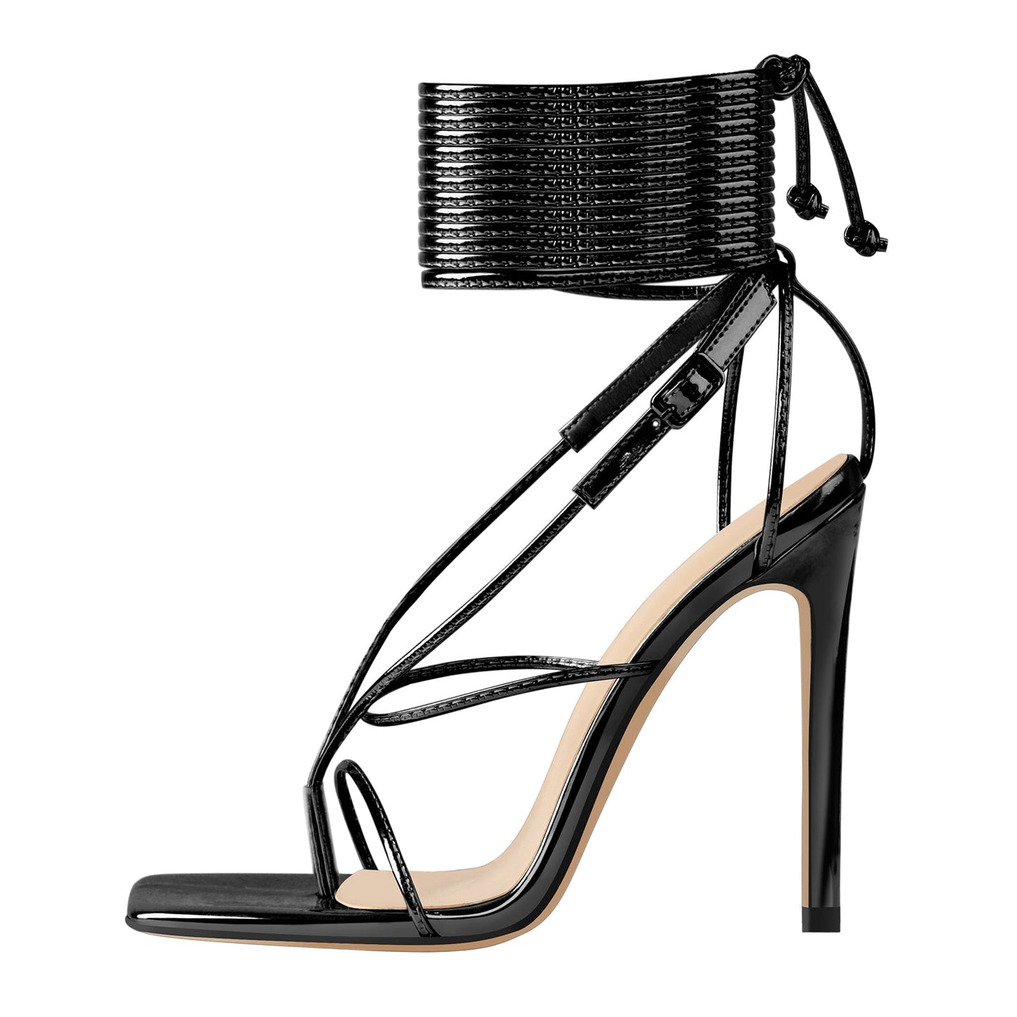 Black Square Toe Strap High Heel Stiletto Sandals