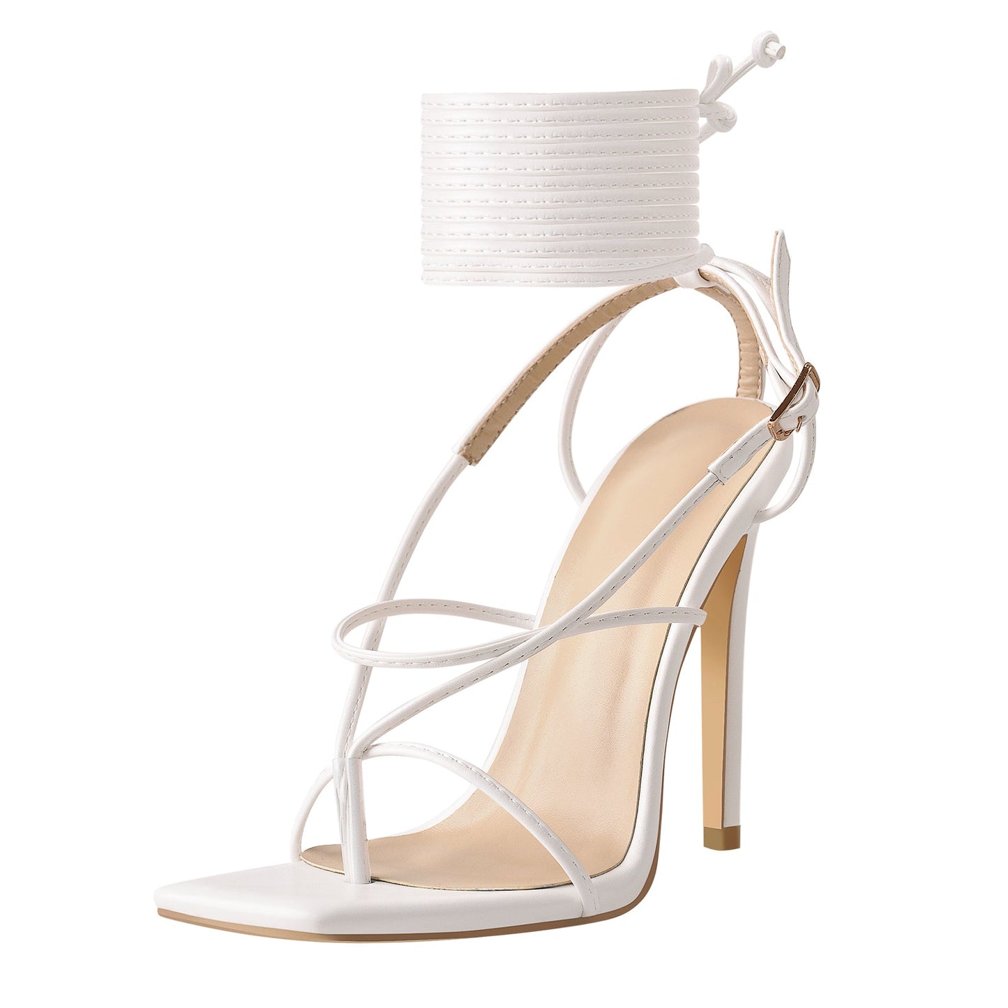 White Square Toe Ankle Strap Stiletto High Heel Sandals