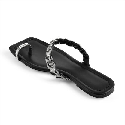 Black Rhinestone Flats Slippers