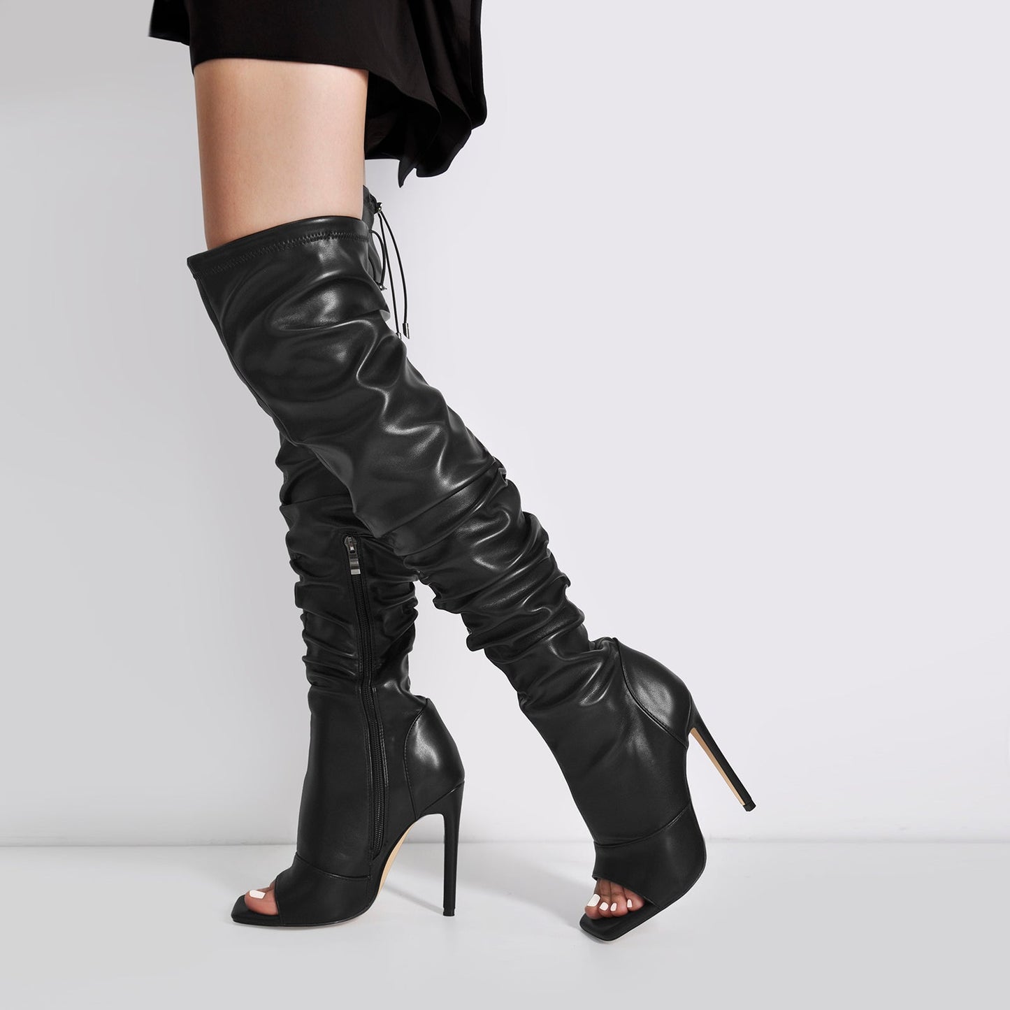 Black Open Square Toe Over The Knee Stiletto Zipper Boots