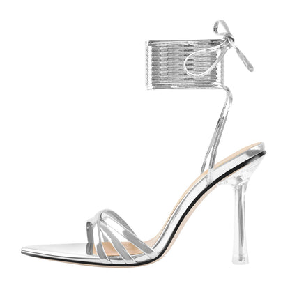 Pointed Toe Strap Lace Up Clear Heel Sandals