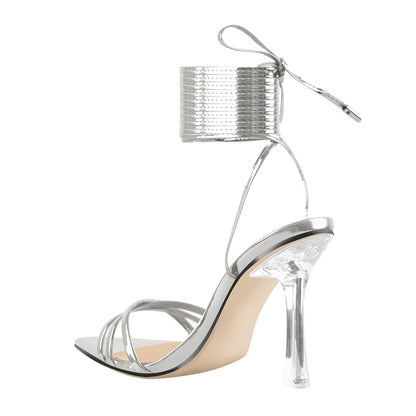 Pointed Toe Strap Lace Up Clear Heel Sandals