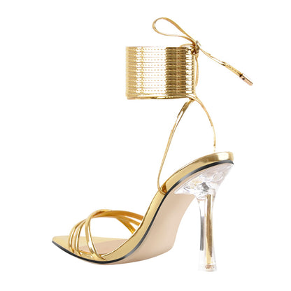 Pointed Toe Strap Lace Up Clear Heel Sandals