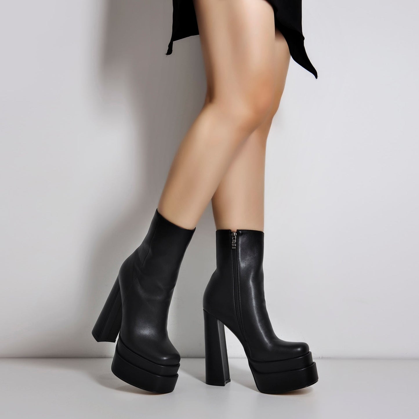 Square Toe Black Double Platform Block Heel Boots