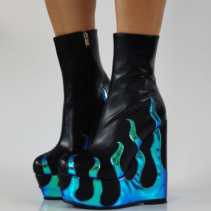 Flame Print Platform Round Toe Wedge Heel Boots