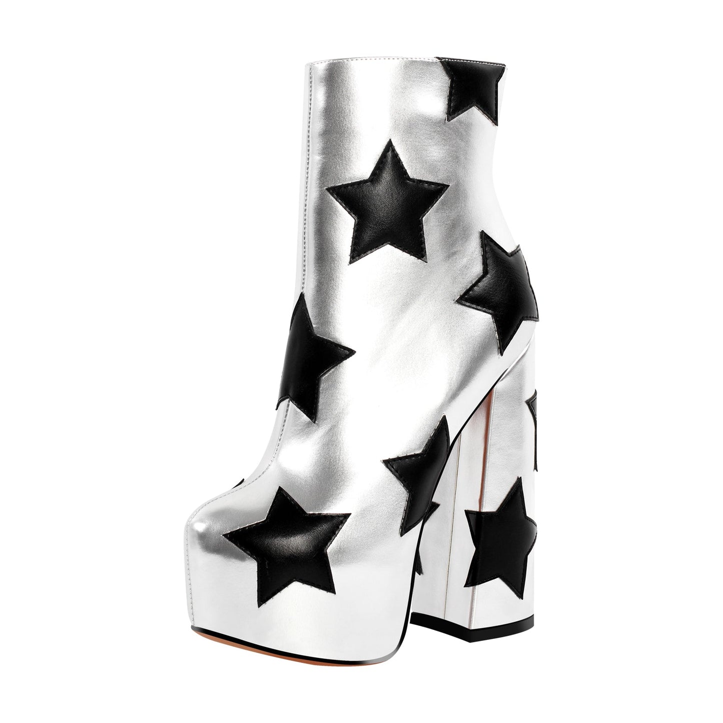 Platform Round Toe Chunky Heel Silver Star Boots