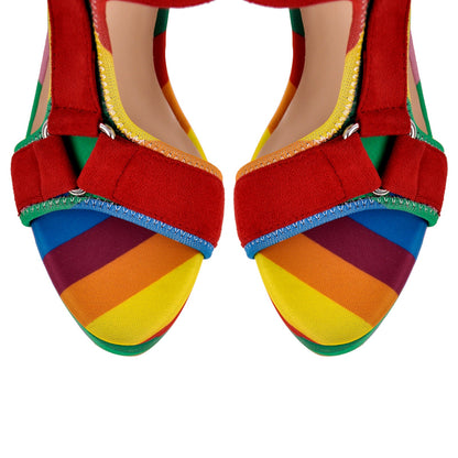 Canvas Rainbow Ankle Strap Chunky Heel Sandals